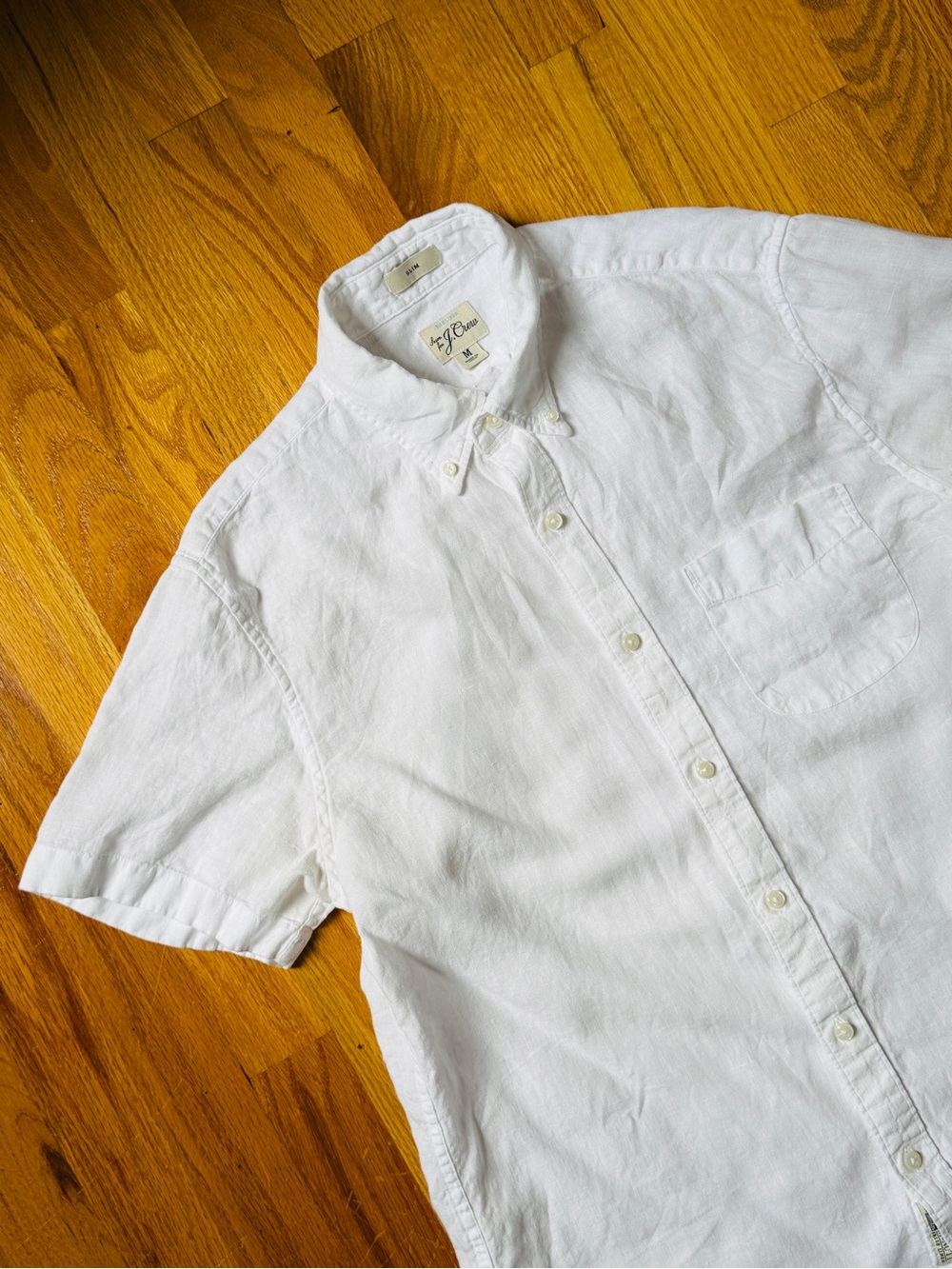 J. Crew Short Sleeve Linen Mens Medium Button Down Shirt White Slim Fit